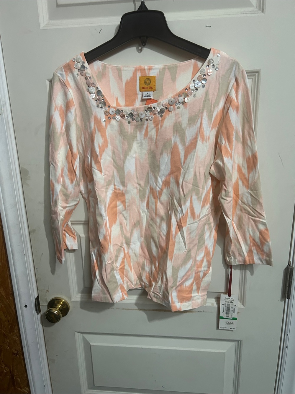 Ruby Rd. Peach & Ivory Scoop Neck Top with Sequin Trim 070726